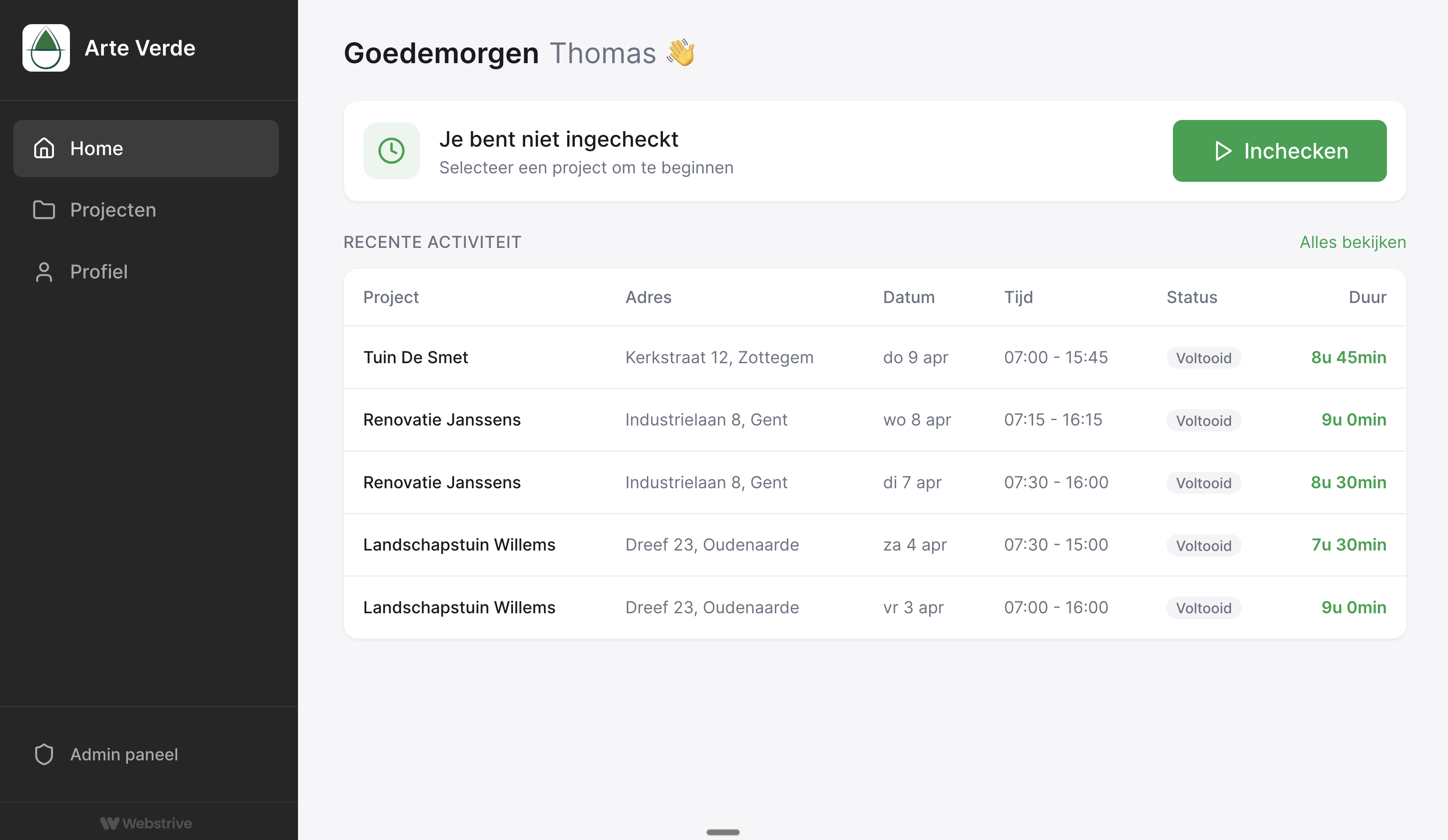 Arte-Verde tijdsregistratie-app
